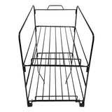 A black, 2-tier rack with wire construction features an open front and sides for storage or organization. Ideal as a Nacho Chip Shelf, it has four legs with small feet and a handle-like bar at the top back for easy moving.