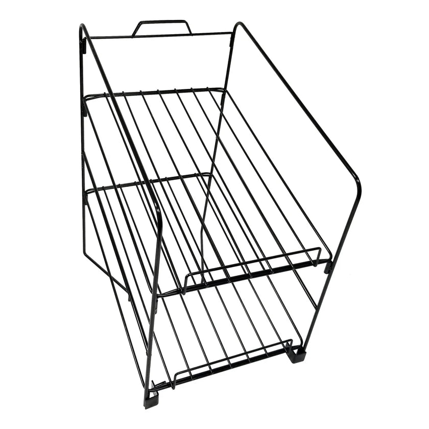 A two-tier rack with black wire construction, open sides and front, featuring vertical and horizontal bars. This Nacho Chip Shelf stands on four feet with a top handle—ideal for organizing items in your kitchen, pantry, or office.