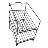 A two-tier rack with black wire construction, open sides and front, featuring vertical and horizontal bars. This Nacho Chip Shelf stands on four feet with a top handle—ideal for organizing items in your kitchen, pantry, or office.