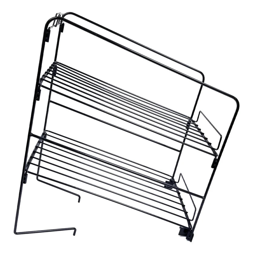 A black, metal 2-tier rack with wire construction features horizontal bars for shelves and a simple, open-frame design, shown at an angle on a white background. This lightweight rack is ideal for storage or as a Nacho Chip Shelf.