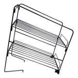 A black, metal 2-tier rack with wire construction features horizontal bars for shelves and a simple, open-frame design, shown at an angle on a white background. This lightweight rack is ideal for storage or as a Nacho Chip Shelf.