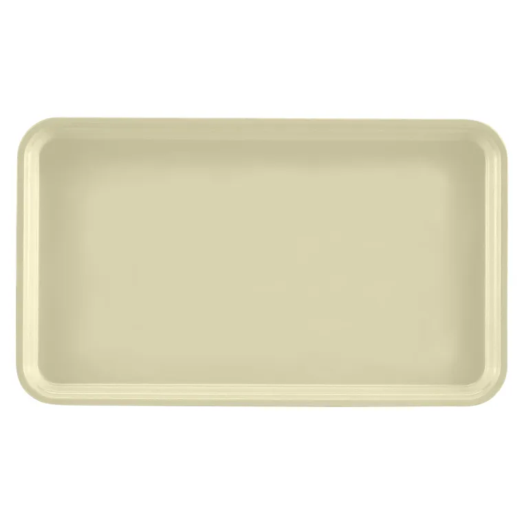 A rectangular, beige Camtray serving tray with raised, rounded edges is shown from above against a white background. Crafted from high-impact fiberglass, this dishwasher safe tray features a smooth, unadorned surface.