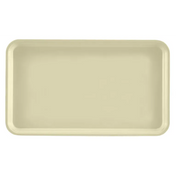 A rectangular, beige Camtray serving tray with raised, rounded edges is shown from above against a white background. Crafted from high-impact fiberglass, this dishwasher safe tray features a smooth, unadorned surface.