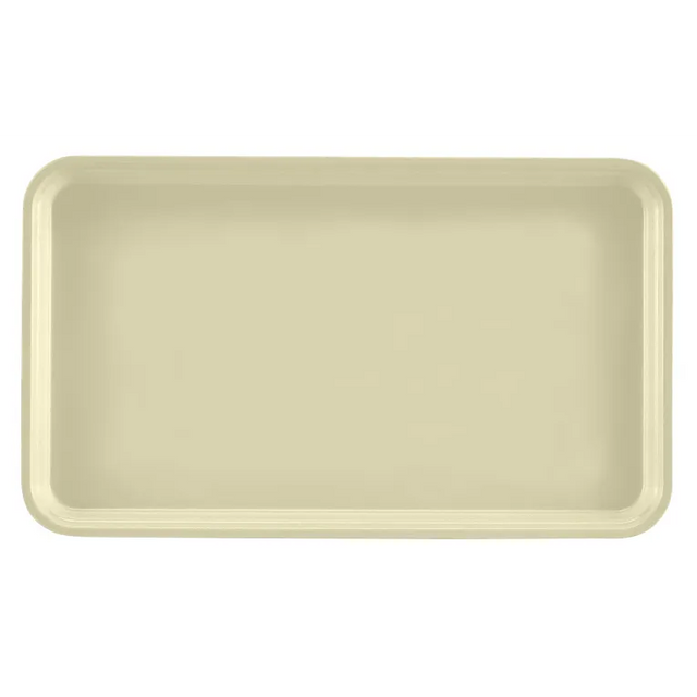 A rectangular, beige Camtray serving tray with raised, rounded edges is shown from above against a white background. Crafted from high-impact fiberglass, this dishwasher safe tray features a smooth, unadorned surface.
