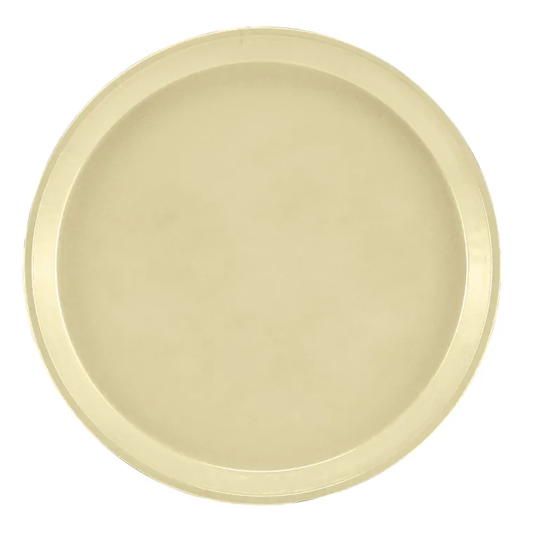 A plain, round, light gold metal Serving Camtray with a raised edge. The tray has a smooth, simple surface and no handles or decorations. Dishwasher safe, it’s viewed from directly above against a white background.
