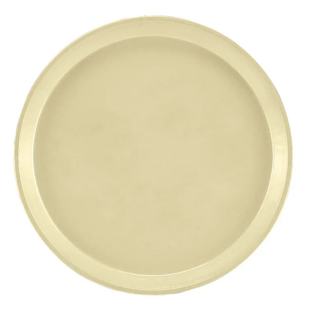 A plain, round, light gold metal Serving Camtray with a raised edge. The tray has a smooth, simple surface and no handles or decorations. Dishwasher safe, it’s viewed from directly above against a white background.