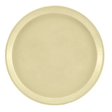 A plain, round Serving Camtray in a solid light gold color is shown from a top-down view. This fiberglass tray features a slightly raised rim, a smooth surface with no patterns or decorations, and is dishwasher safe. The background is white.