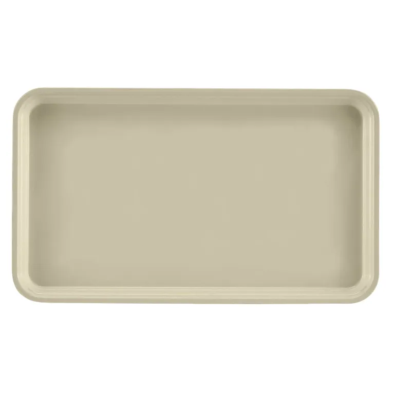 A rectangular beige Serving Camtray with rounded corners and raised edges, shown from a top-down view on a plain white background. This durable fiberglass tray features a smooth, simple design with no patterns or decorations and is dishwasher safe.