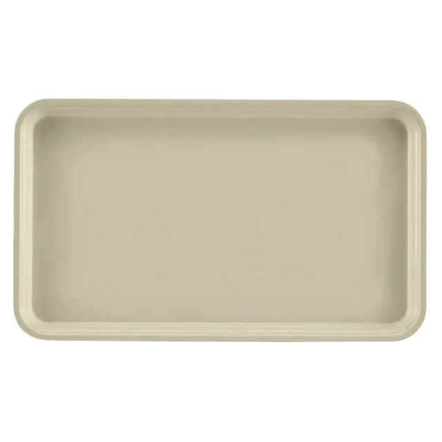 A plain, rectangular beige Camtray with rounded corners, raised edges, and a smooth surface is shown from above on a white background. This high-impact fiberglass tray is also dishwasher safe.