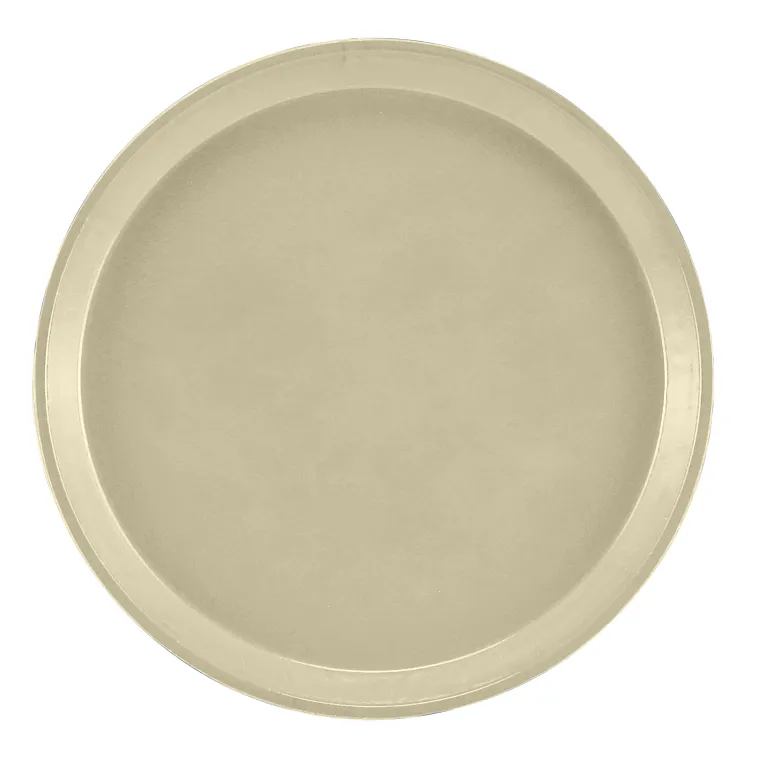 A round, flat, light beige fiberglass tray with a slightly raised edge. The smooth, unadorned Serving Camtray is dishwasher safe, and the plain white background makes it the focal point of the image.