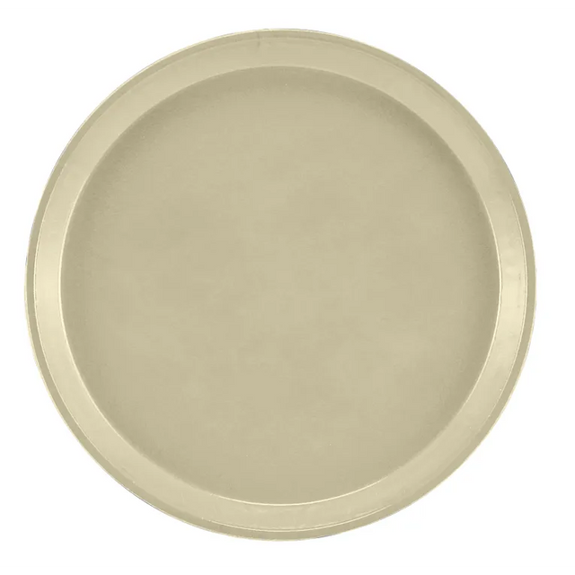 A round, flat, light beige fiberglass tray with a slightly raised edge. The smooth, unadorned Serving Camtray is dishwasher safe, and the plain white background makes it the focal point of the image.