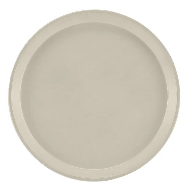 A round, beige-colored Serving Camtray® with a smooth surface and slightly raised rim, viewed from above against a white background. This minimalist fiberglass tray is NSF certified, with no visible patterns or decorations.