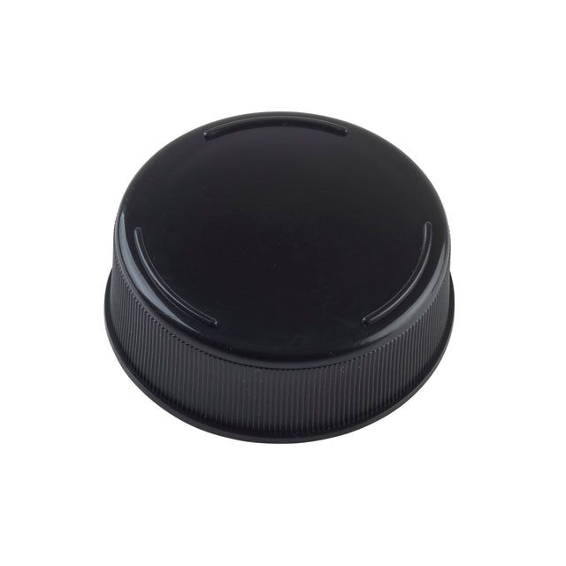 A black plastic Invertatop End Cap with a smooth, slightly domed top and textured sides for grip. Three short, raised ridges are evenly spaced on the top surface. Commonly used for squeeze bottles, it is photographed on a white background.