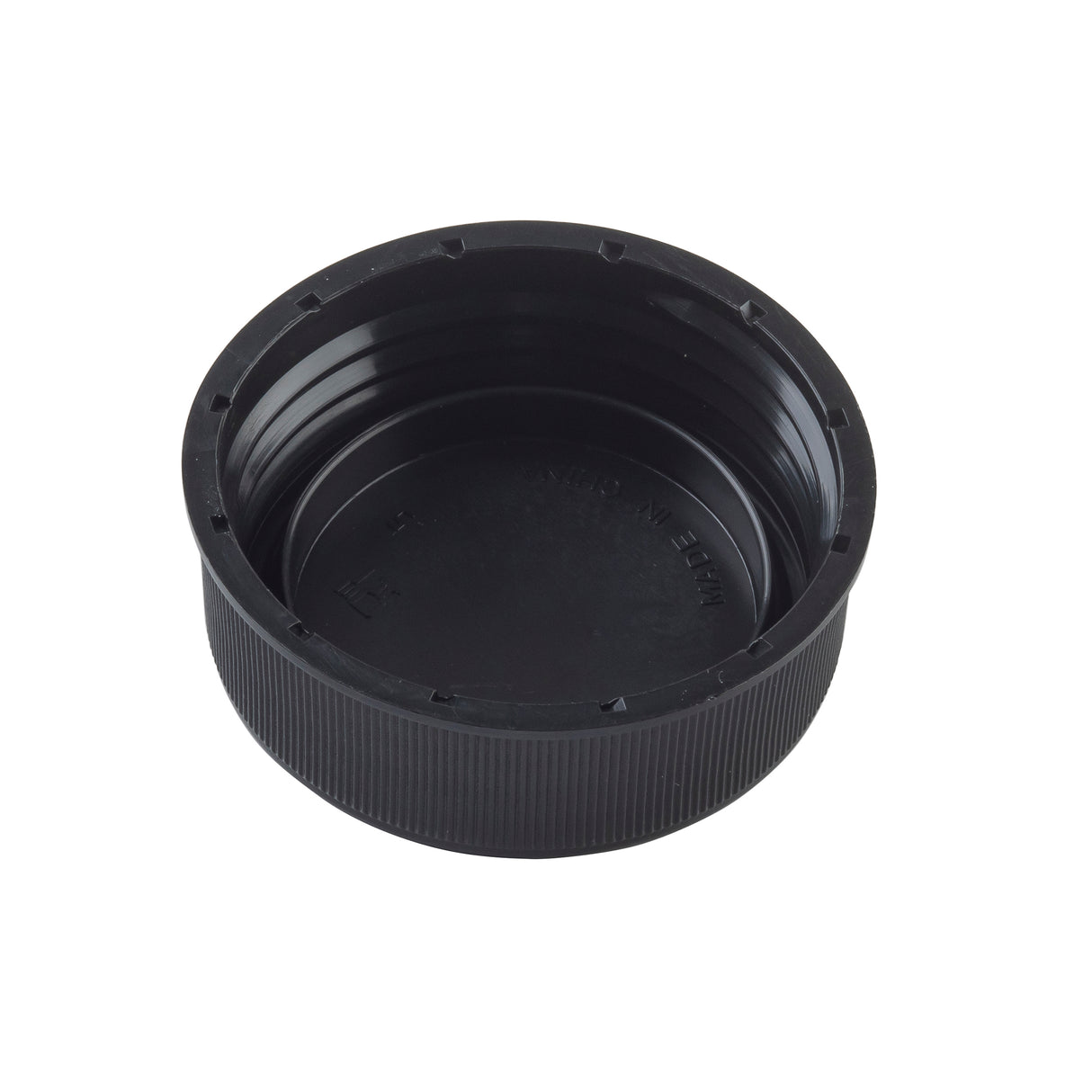 A close-up of a black, round plastic screw cap with ridged sides for grip, designed for squeeze bottles. The Invertatop End Cap is empty, shown angled on a plain white background, displaying interior threading for secure closure.
