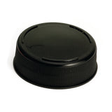 A close-up of a black Invertatop End Cap, designed for squeeze bottles, featuring a textured grip on the sides and three small rectangular indents on the top surface, photographed against a white background.