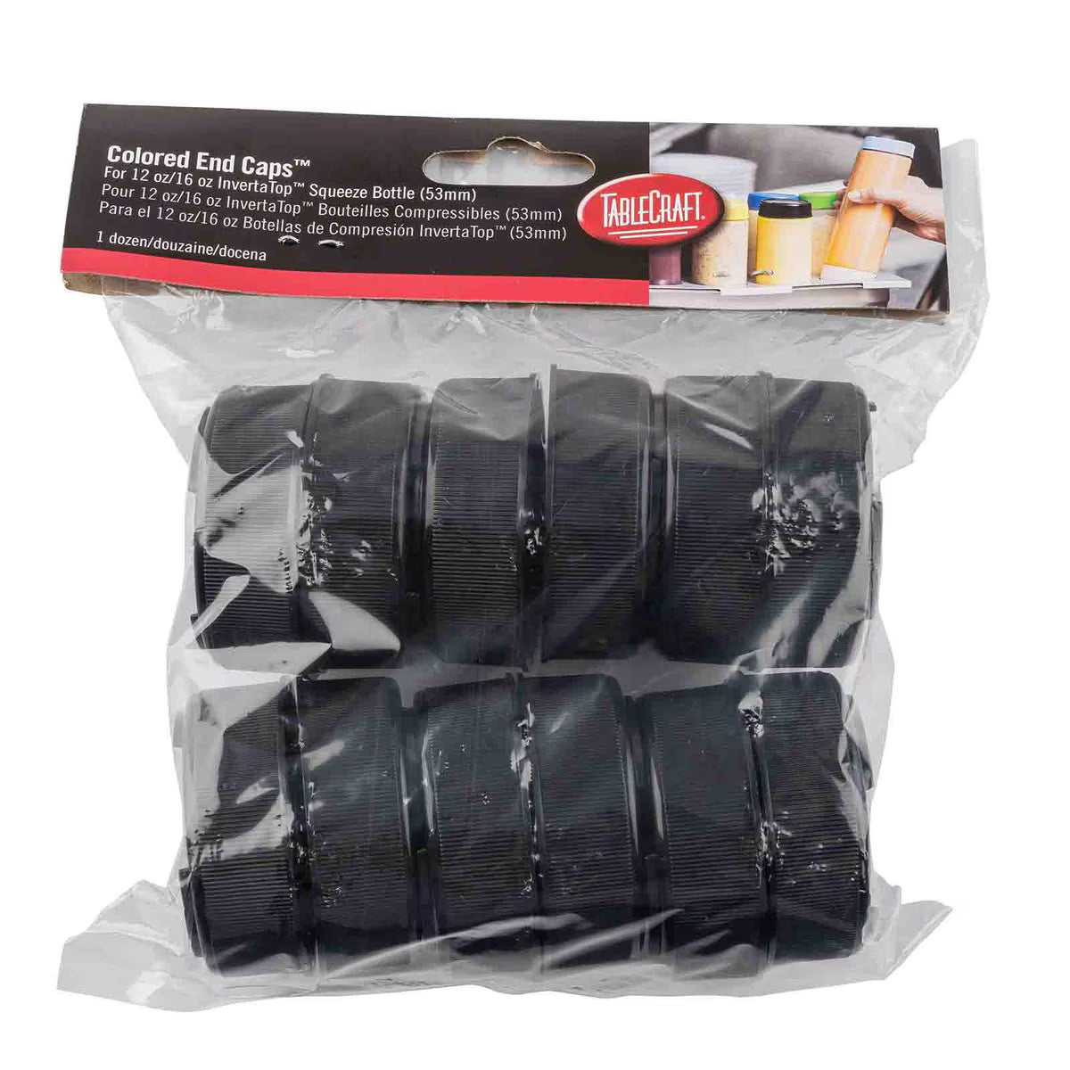 A clear plastic bag contains twelve black, ribbed Invertatop End Caps for 53mm squeeze bottles, arranged in three rows. The NSF packaging label reads Colored End Caps™ For 12 oz/16 oz Invertatop Squeeze Bottle by TableCraft with images of bottles with colored caps.