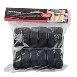 A clear plastic bag contains twelve black, ribbed Invertatop End Caps for 53mm squeeze bottles, arranged in three rows. The NSF packaging label reads Colored End Caps™ For 12 oz/16 oz Invertatop Squeeze Bottle by TableCraft with images of bottles with colored caps.