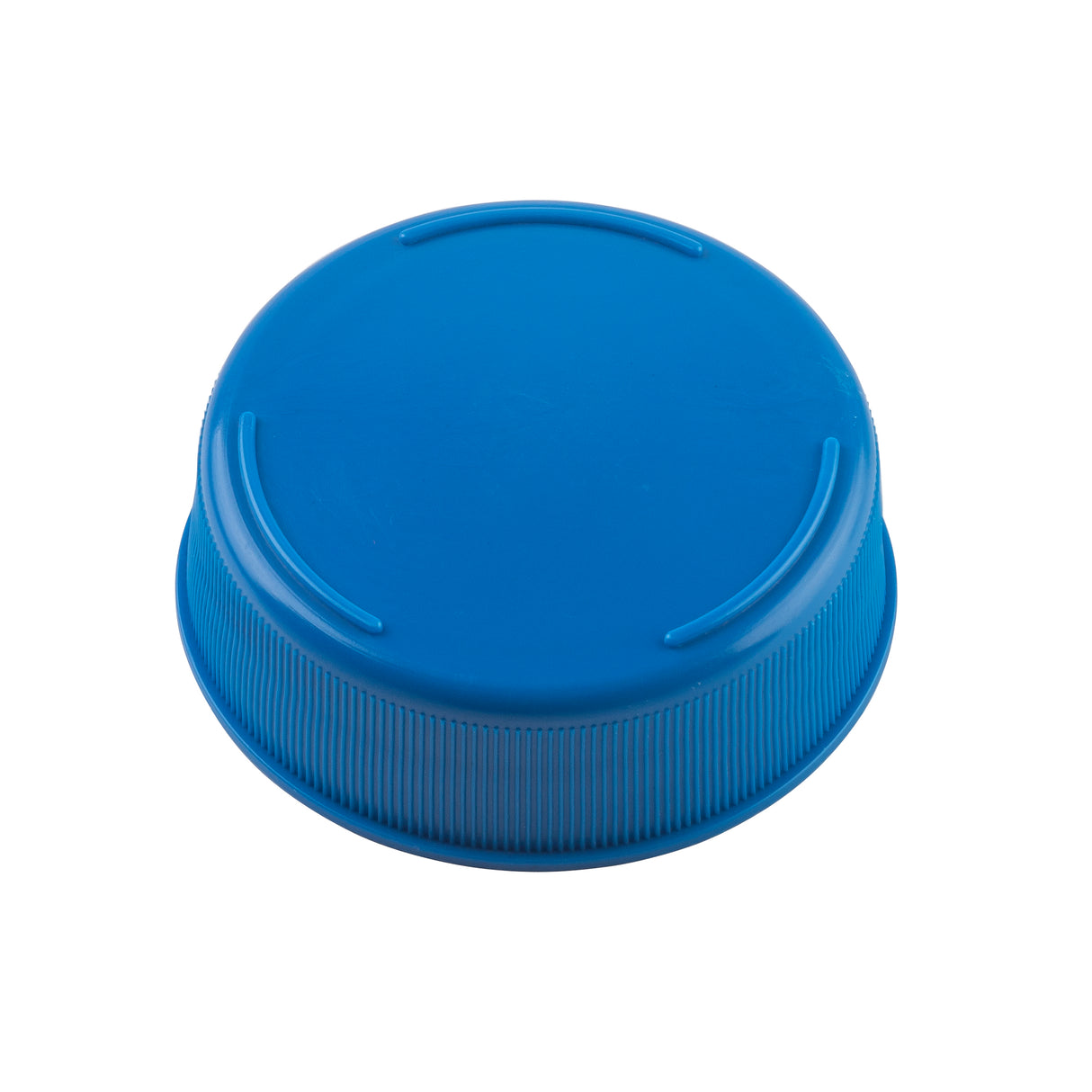 A close-up of a blue Invertatop End Cap with ribbed sides for grip and three raised curved lines on its top surface, designed for 53mm squeeze bottles, photographed against a white background.