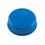 A close-up of a blue Invertatop End Cap with ribbed sides for grip and three raised curved lines on its top surface, designed for 53mm squeeze bottles, photographed against a white background.