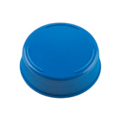 A close-up of a blue Invertatop End Cap with ribbed sides for grip and three raised curved lines on its top surface, designed for 53mm squeeze bottles, photographed against a white background.