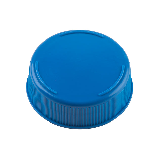 A close-up of a blue Invertatop End Cap with ribbed sides for grip and three raised curved lines on its top surface, designed for 53mm squeeze bottles, photographed against a white background.