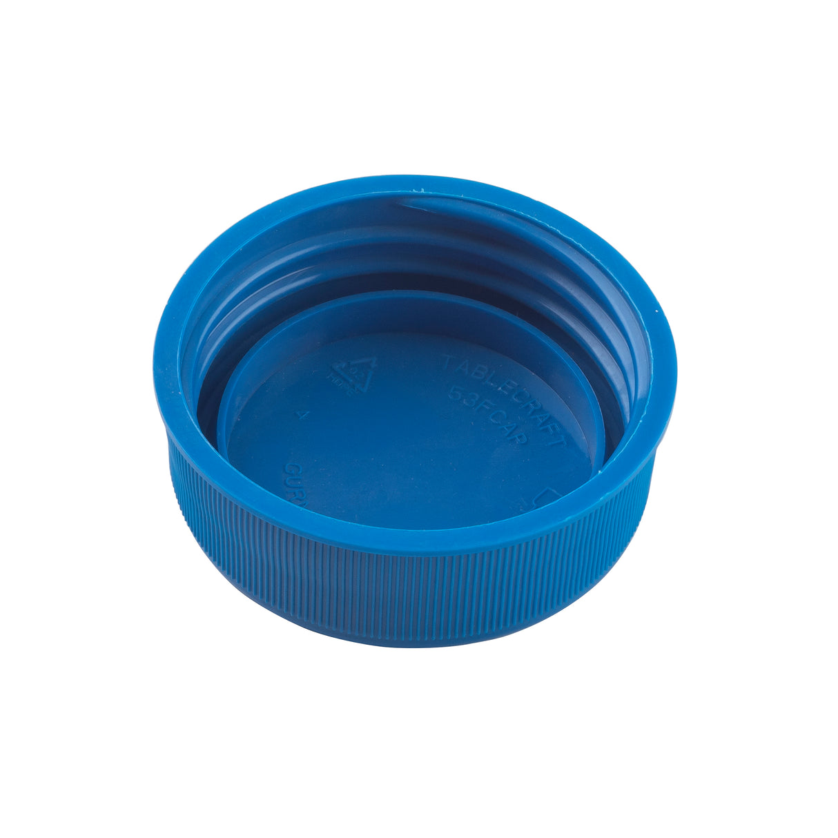 A close-up of a blue Invertatop End Cap with vertical ridges along the side, designed for 53mm squeeze bottles. The cap’s interior threading is visible, and it is photographed on a plain white background. This cap is dishwasher safe.