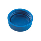 A close-up of a blue Invertatop End Cap with vertical ridges along the side, designed for 53mm squeeze bottles. The cap’s interior threading is visible, and it is photographed on a plain white background. This cap is dishwasher safe.