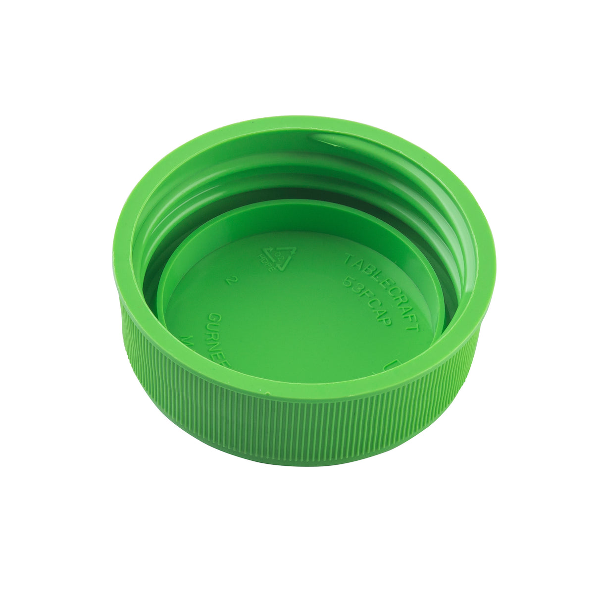 A bright green, round plastic bottle cap is shown against a white background. Ideal for squeeze bottles, the cap has a textured side for grip, smooth inner threading, and the inside top features recycling symbols and embossed text.