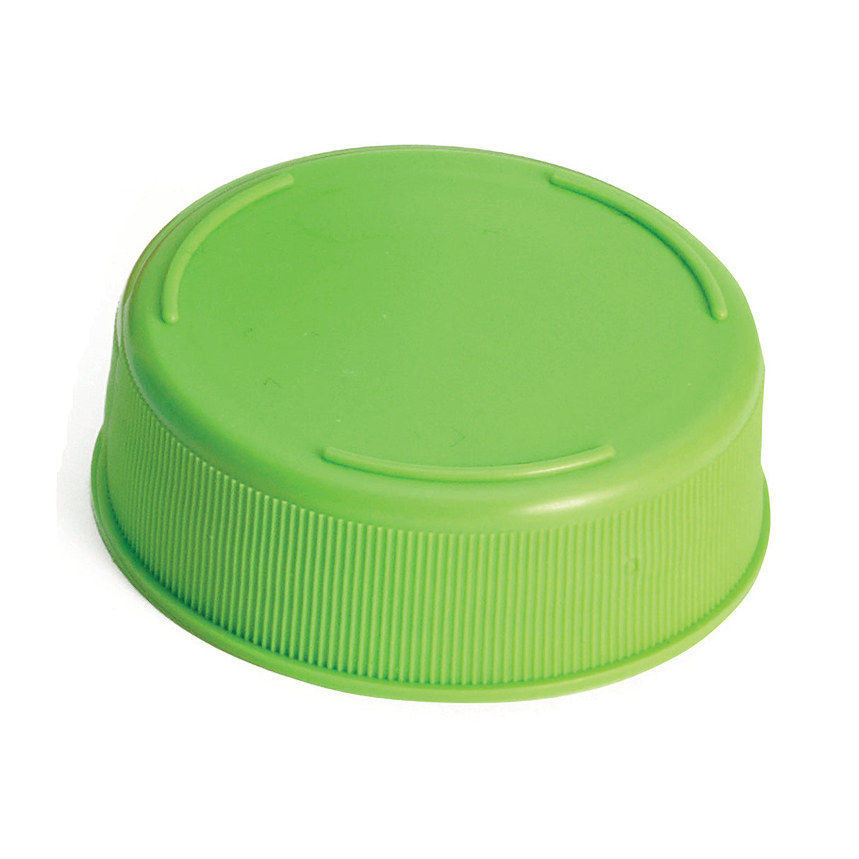 A close-up of a green Invertatop End Cap with vertical ridges for grip, designed for squeeze bottles. Three short raised lines are spaced evenly on the smooth top surface, photographed against a plain white background and is dishwasher safe.