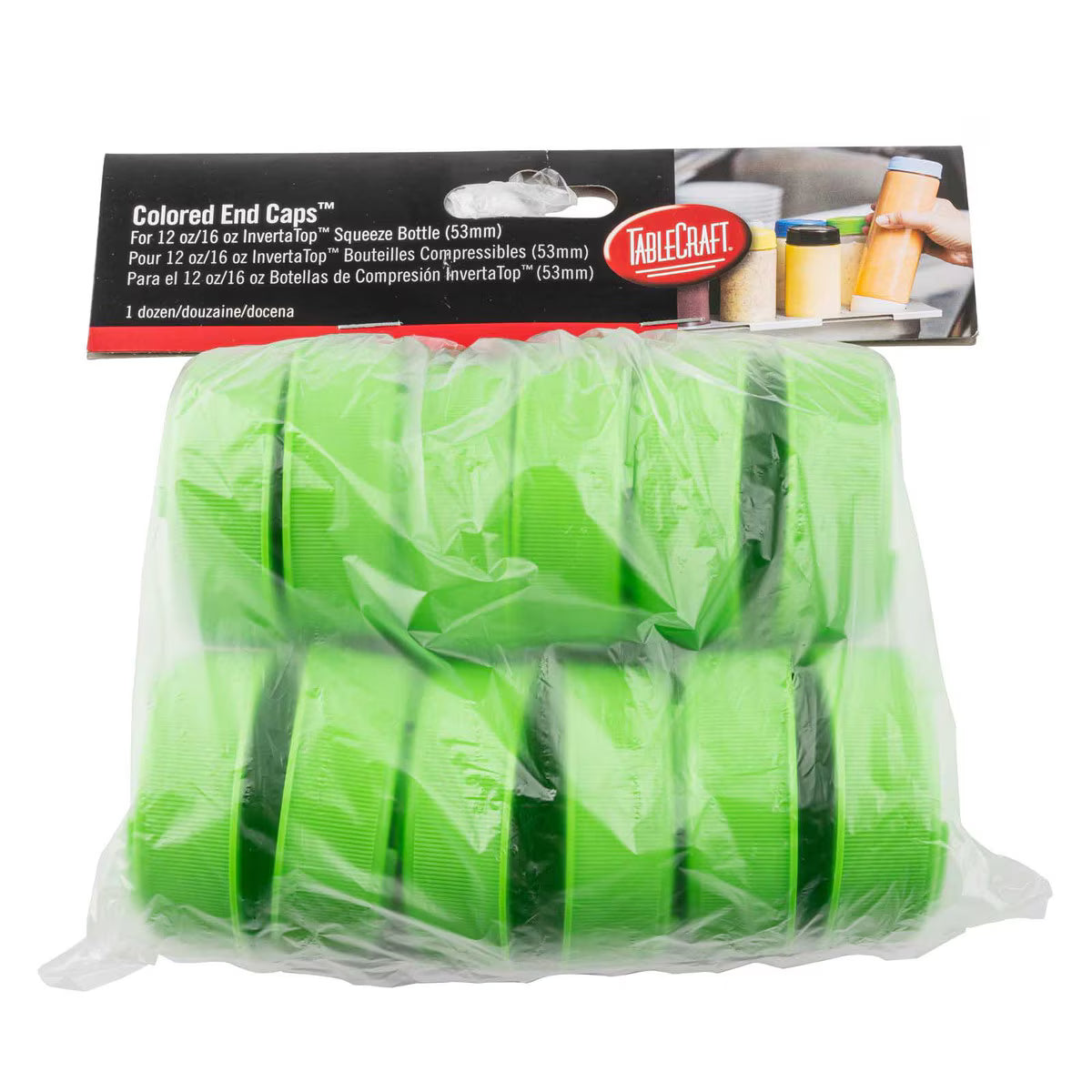 A clear plastic bag holds twelve bright green Invertatop End Caps for 53mm squeeze bottles. The TableCraft label features images of condiment bottles and notes the caps are dishwasher safe, fitting 12 or 16 oz Invertatop bottles perfectly.
