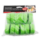 A clear plastic bag holds twelve bright green Invertatop End Caps for 53mm squeeze bottles. The TableCraft label features images of condiment bottles and notes the caps are dishwasher safe, fitting 12 or 16 oz Invertatop bottles perfectly.