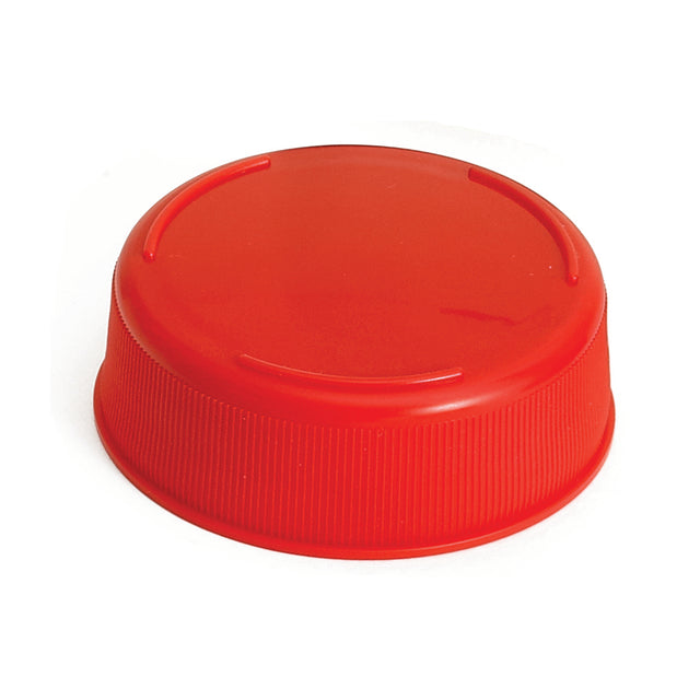 A red plastic Invertatop End Cap with a smooth, slightly domed top and ridged sides for grip, shown against a white background. The circular cap fits 53mm squeeze bottles and appears clean and unused.