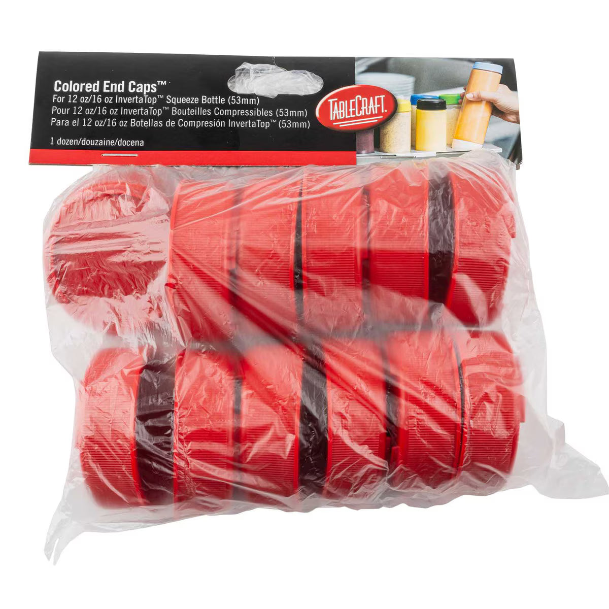 A clear plastic bag contains twelve red Invertatop end caps for 53mm squeeze bottles. The label reads “Colored End Caps,” sized for 12 or 16 oz Invertatop bottles. The TableCraft logo and bottle images are printed on the top of the label.