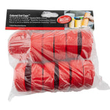 A clear plastic bag contains twelve red Invertatop end caps for 53mm squeeze bottles. The label reads “Colored End Caps,” sized for 12 or 16 oz Invertatop bottles. The TableCraft logo and bottle images are printed on the top of the label.