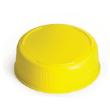 A bright yellow plastic Invertatop End Cap with a ridged edge lies on a white background. The top surface is smooth, featuring three shallow curved indentations near the perimeter and is dishwasher safe for easy cleaning.