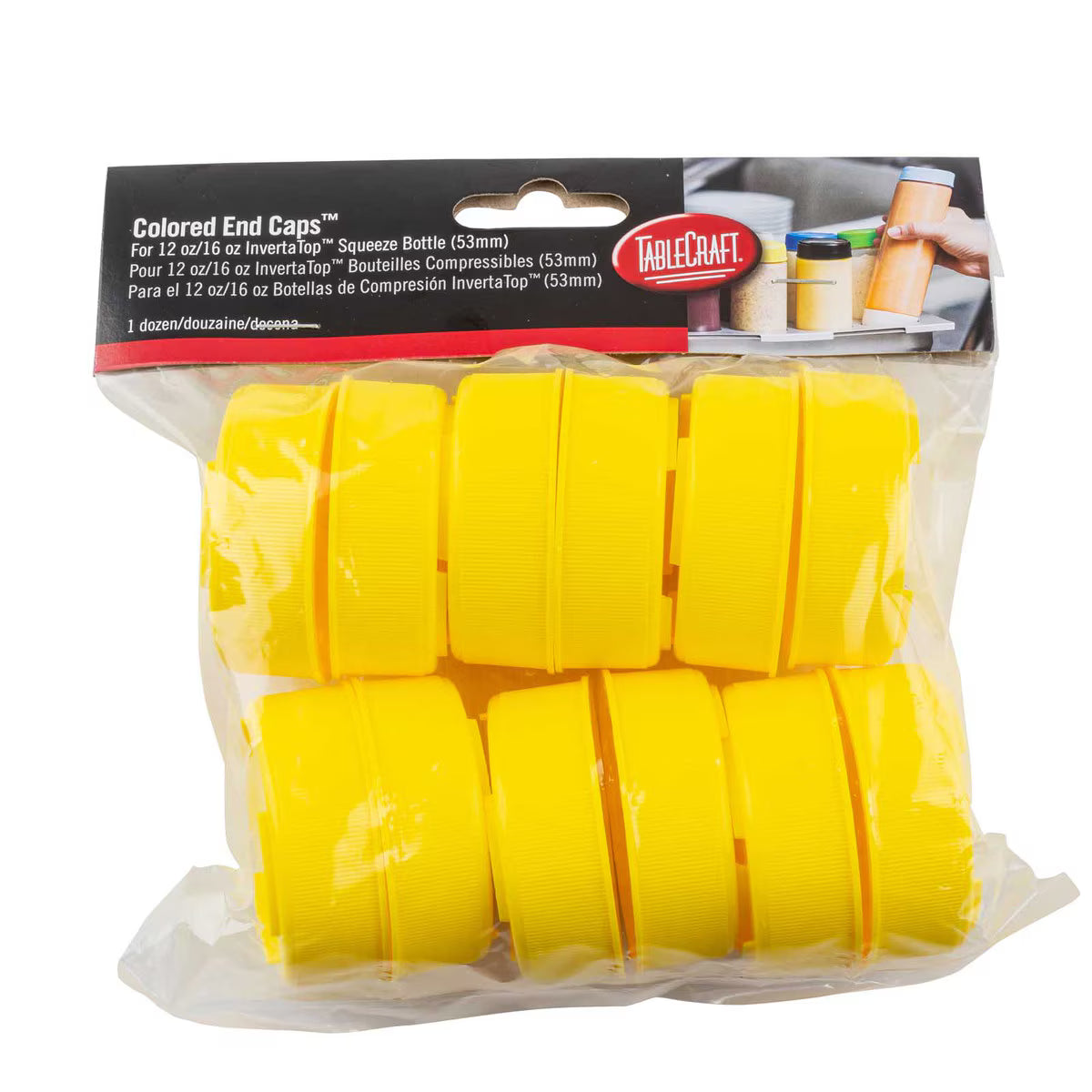 A clear plastic bag contains twelve bright yellow Invertatop End Cap pieces for 12 or 16 oz TableCraft NSF-certified, 53mm squeeze bottles. The black and red label at the top displays the brand name and shows an image of caps on squeeze bottles.
