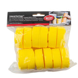 A clear plastic bag contains twelve bright yellow Invertatop End Cap pieces for 12 or 16 oz TableCraft NSF-certified, 53mm squeeze bottles. The black and red label at the top displays the brand name and shows an image of caps on squeeze bottles.