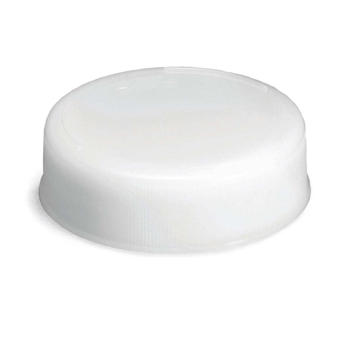 A white plastic 53mm Squeeze Bottle cap is shown against a plain white background. The circular cap has smooth, rounded edges, a flat top, and subtle side ridges for grip. The lighting casts a soft shadow beneath the NSF-approved cap.