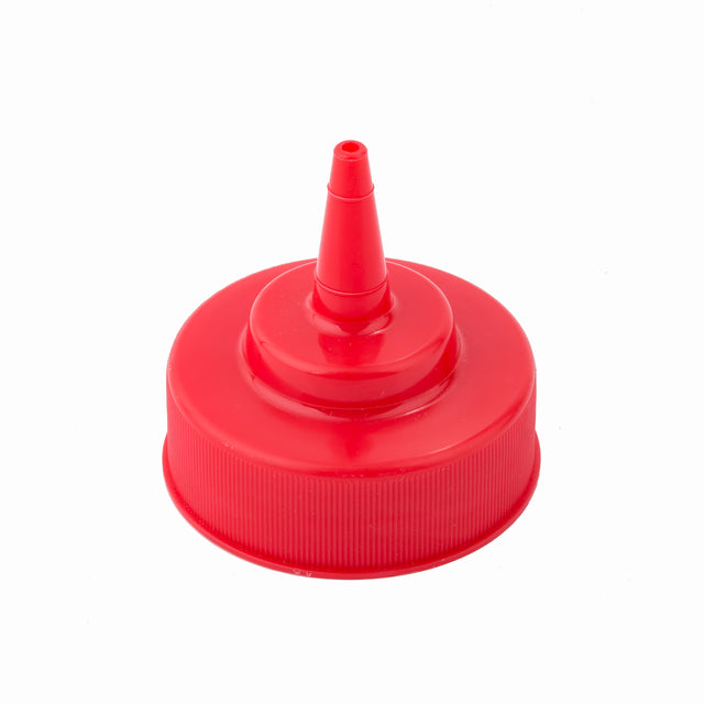 A bright red, plastic Cone Tip Top bottle cap with a pointed, tapered nozzle for dispensing liquids. The 53mm WideMouth squeeze bottles cap has ridged sides for grip and is photographed on a white background.