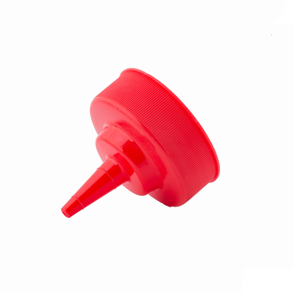 A close-up of a red plastic Cone Tip Top cap with a nozzle tip, designed for 53mm WideMouth squeeze bottles. The ridged cap is angled to reveal the pointed nozzle, ideal for dispensing liquids, and is photographed on a white background.