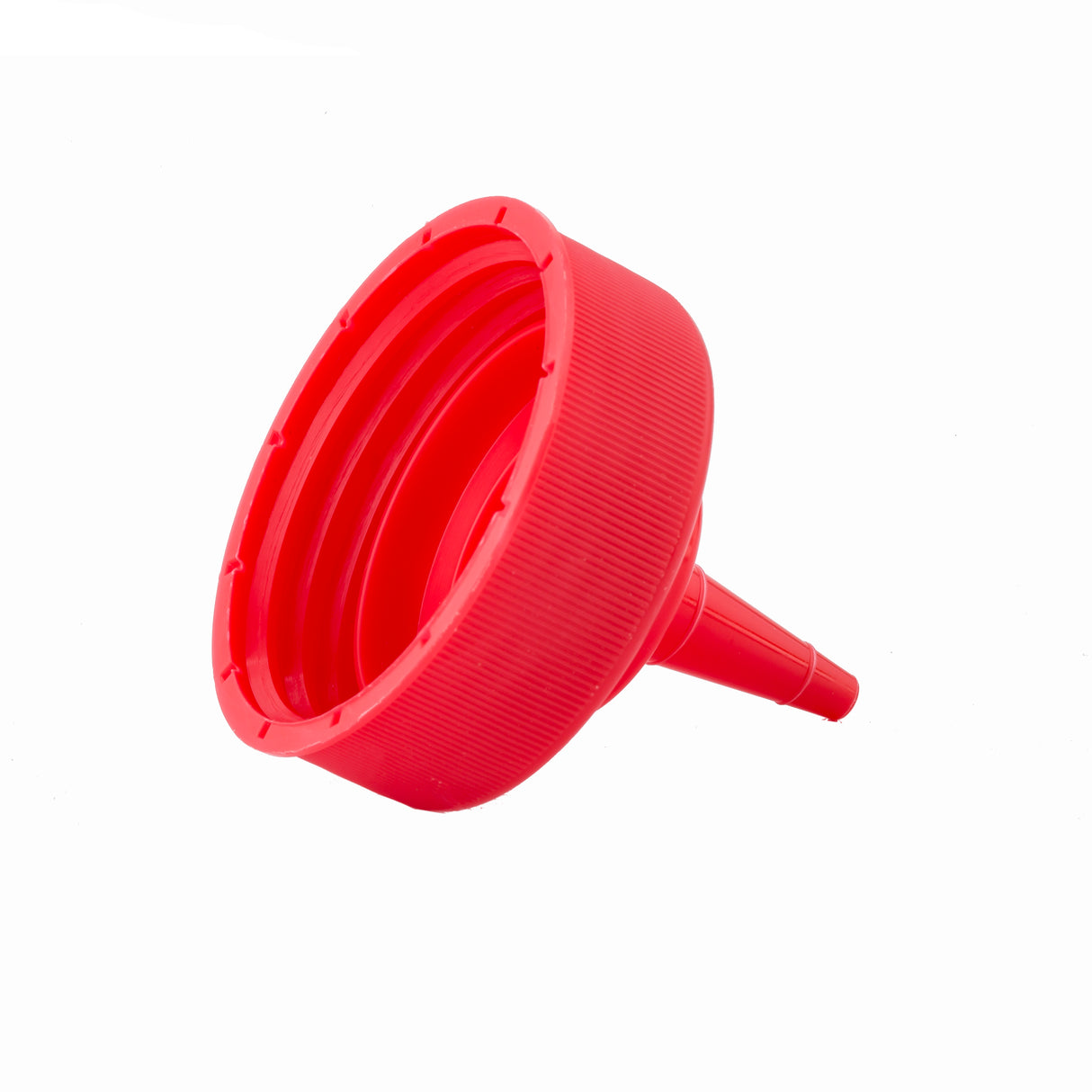 A bright red plastic funnel with a wide, ribbed, circular opening and a narrow, tapered spout. This dishwasher safe funnel is angled to the right and isolated against a plain white background.