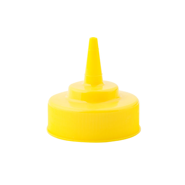 A close-up of a bright yellow plastic twist-on bottle cap with a pointed nozzle for dispensing liquids, designed for 53mm WideMouth squeeze bottles. The cap has a ridged texture on the sides and a smooth, conical top.