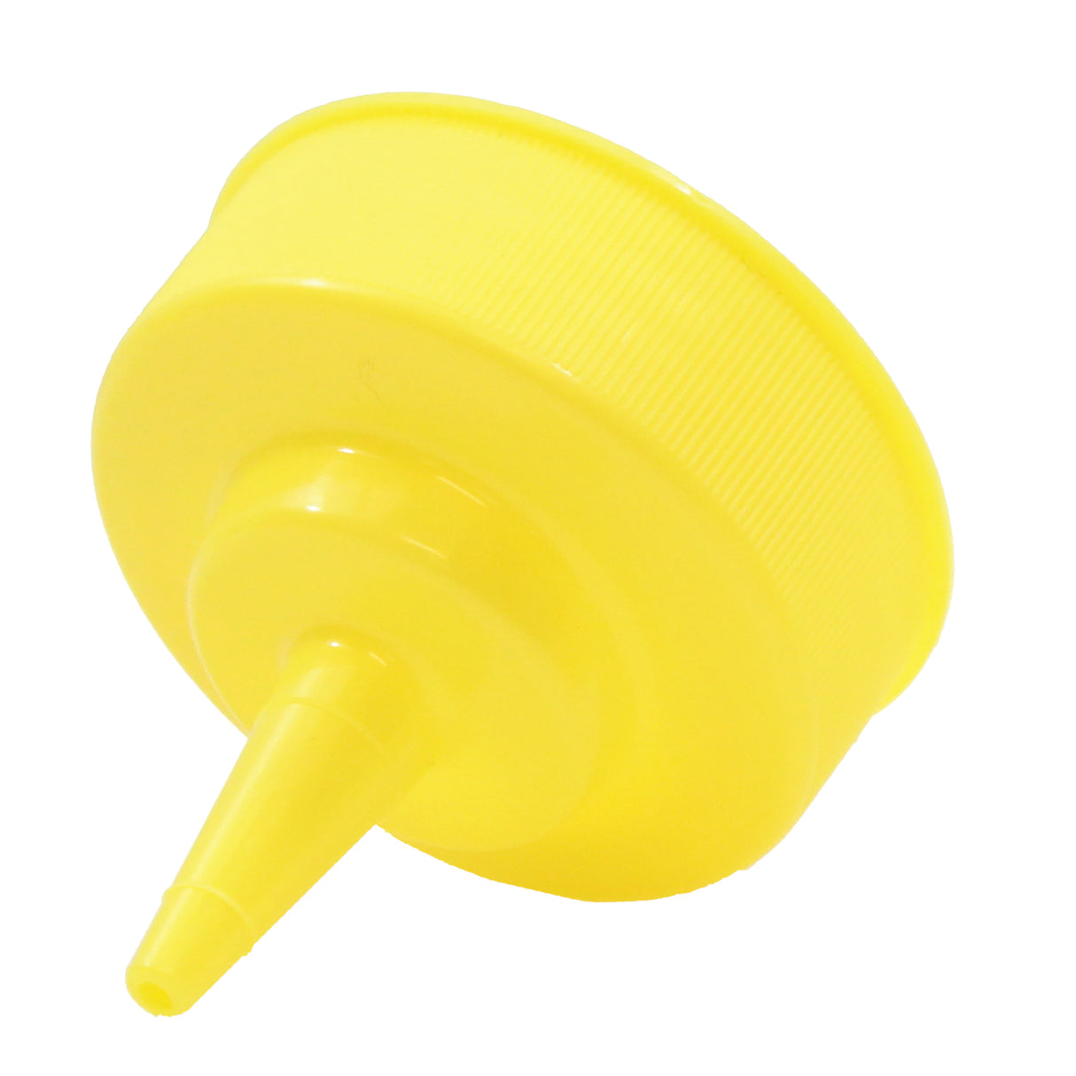 A close-up image of a bright yellow plastic bottle cap with a long, narrow nozzle for dispensing liquids. The 53mm WideMouth squeeze bottle cap has grip ridges and is viewed at an angle against a plain white background.