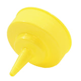 A close-up image of a bright yellow plastic bottle cap with a long, narrow nozzle for dispensing liquids. The 53mm WideMouth squeeze bottle cap has grip ridges and is viewed at an angle against a plain white background.