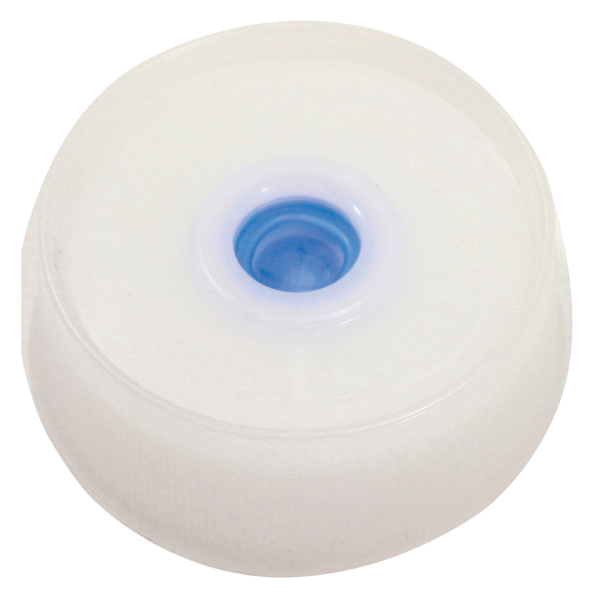 A close-up of a white, round plastic caster wheel with a translucent finish and blue center hub, photographed on a plain background. Its smooth surface and central circular opening highlight its dishwasher safe design for easy maintenance.