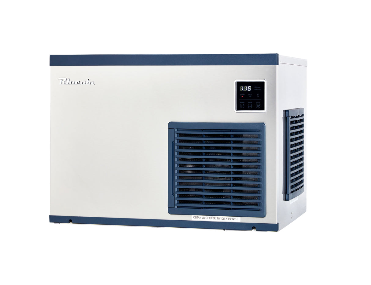 A white and blue wall-mounted air purifier with a digital display panel, control buttons, and a front air vent. Featuring an air-cooled system, its modern rectangular design fits indoor spaces. The “Primoair” logo sits on the upper left.