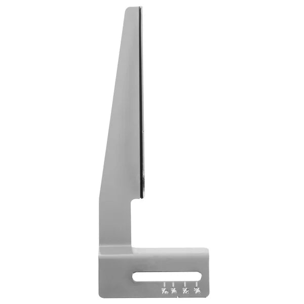 Side view of a slim, gray, L-shaped metal stand with a slot at the base and four small white icons near the bottom edge, set against a white background. This minimalist stand appears modern, possibly an accessory for the Waring WEK200 Thickness Guide.