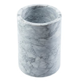A cylindrical, white marble TableCraft utensil holder with gray veining, smooth polished surface, and an open top. The holder is empty and photographed against a white background.