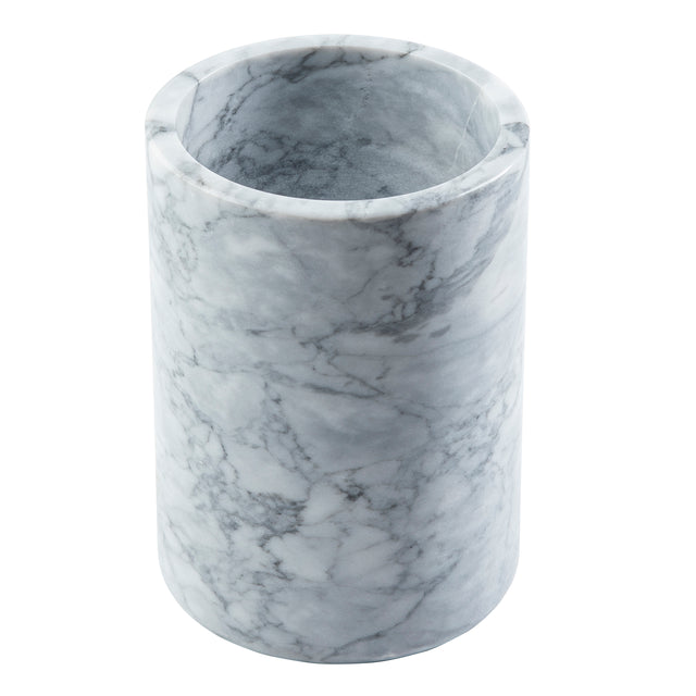 A cylindrical, white marble TableCraft utensil holder with gray veining, smooth polished surface, and an open top. The holder is empty and photographed against a white background.