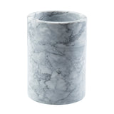 A cylindrical TableCraft container crafted from smooth, polished white marble with natural veining patterns. Featuring a wide, open top, this elegant piece doubles as a stylish wine cooler against a plain white background.
